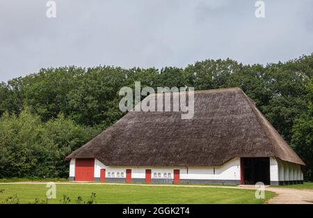 Genk, Belgio - 11 agosto 2021: Domein Bokrijk. Granaio gigante di Zuienkerke con grande tetto di paglia, pareti bianche e porte rosse sotto il cielo grigio e di fronte Foto Stock