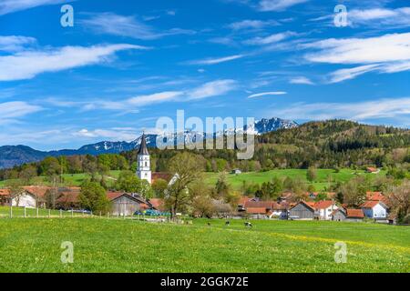 Germania, Baviera, alta Baviera, Pfaffenwinkel, Habach, Vista della città con la chiesa di Sankt Ulrich contro le colline delle Alpi con Benediktenwand Foto Stock