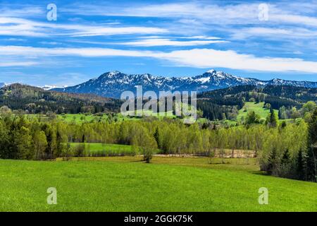 Germania, Baviera, alta Baviera, Pfaffenwinkel, Habach, Vista sul Rieder Filz verso le colline delle Alpi con Herzogstand e Heimgarten Foto Stock