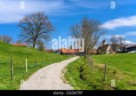 Germania, Baviera, alta Baviera, Pfaffenwinkel, Antdorf, Distretto Frauenrain, paesaggio primaverile e vista sulla città con la chiesa di Maria Himmelfahrt Foto Stock