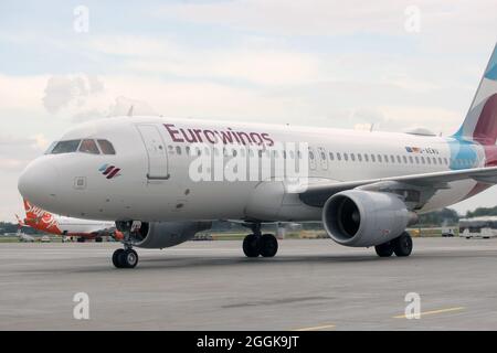 REGIONE DI KIEV, UCRAINA - 1 SETTEMBRE 2021 - Un aereo Eurowings Airbus A319 da Dusseldorf è visto sul tarmac all'aeroporto internazionale di Boryspil, Kiev Foto Stock