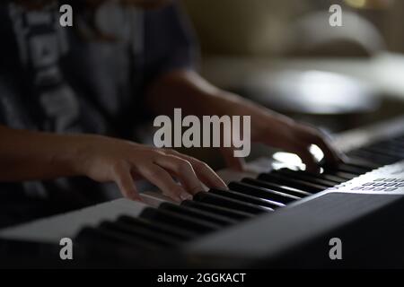 Le mani del musicista sul sintetizzatore. Immagine ritagliata di una persona che riproduce un sintetizzatore. Vista laterale. Foto di alta qualità Foto Stock