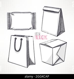 set con quattro diversi tipi di imballaggio. Illustrazione disegnata a mano Illustrazione Vettoriale