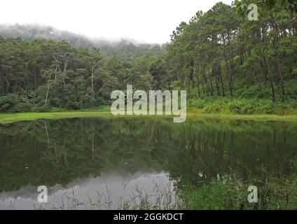 Vista sul lago con nebbia che scivola lungo la montagna Chiang Dao, Thailandia Novembre Foto Stock