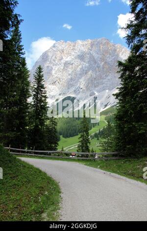 View, Ehrwalder Alm, Ehrwalder Bergbahn, Austria, Tirolo, Ehrwald, Zugspitze (2962 m) Foto Stock