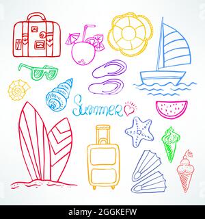 Vacanza. Set di simboli estivi. Illustrazione disegnata a mano Illustrazione Vettoriale
