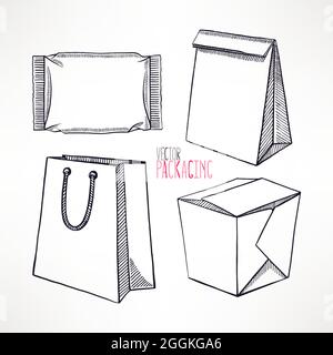 impostare con quattro diversi tipi di packaging dello schizzo. Illustrazione disegnata a mano Illustrazione Vettoriale