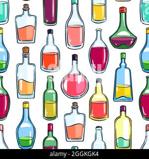 Sfondo senza cuciture con bottiglie di alcol di vari colori. Illustrazione disegnata a mano Illustrazione Vettoriale