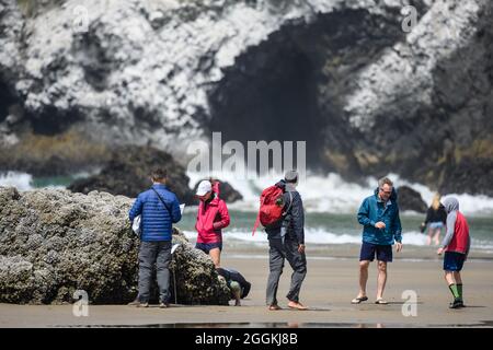 I turisti possono godersi una passeggiata sulla spiaggia. Cannon Beach, Oregon, Stati Uniti. Foto Stock