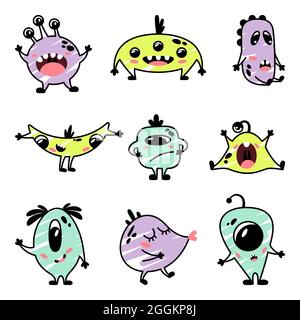 Una serie di divertenti e simpatici mostri cartoni animati. Collezione di fantastici personaggi immaginari per mascotte per i prodotti per bambini. Per la progettazione di imballaggi, pubblicità Illustrazione Vettoriale