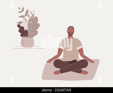 Uomo afro-americano seduto con le gambe incrociate sul pavimento e meditante. Ragazzo giovane in posizione di yoga che fa la meditazione, pratica di consapevolezza Illustrazione Vettoriale