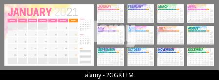 Calendario 2021 Design colorato con colori diversi per ogni mese Illustrazione Vettoriale