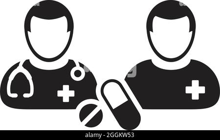 Medico icona sanitaria con vettore paziente con pillola e compressa per il trattamento medico e la consultazione in un glifo pittogramma illustrazione Illustrazione Vettoriale