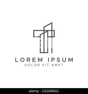 Modello di progettazione del logo della lettera iniziale T Line Building Vector Stock Illustration. Illustrazione Vettoriale
