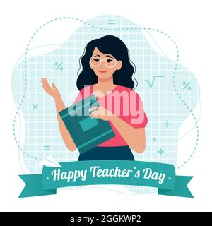 Tessera Happy Teacher’s Day con insegnante femminile. Illustrazione vettoriale in stile piatto Illustrazione Vettoriale