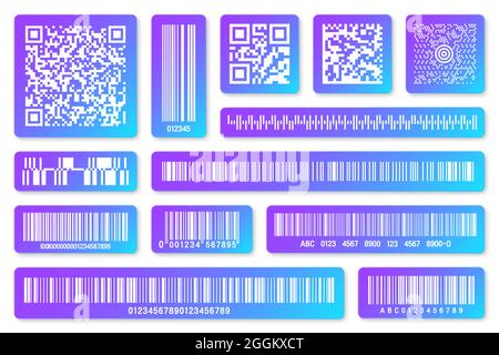 Codici a barre e codici QR dei prodotti moderni e colorati. Codice di identificazione. Numero di serie, ID prodotto con informazioni digitali. Negozio o supermercato Illustrazione Vettoriale