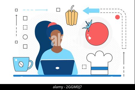 Libro di ricette online, lezione di cucina con lezione di cucina illustrazione vettoriale. Personaggio utente donna Cartoon usando il laptop per cercare ricette chef per cucinare cibo su internet isolato su bianco Illustrazione Vettoriale