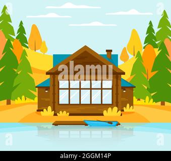 Cottage in legno sul lago o fiume con molo. Casa vacanze in autunno paesaggio con colline e boschi. Barca vicino al molo. Vettore Illustrazione Vettoriale