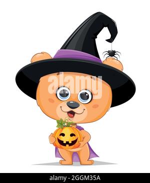 Biglietto di auguri per Halloween felice. Carino piccolo orso in cappello di strega che tiene Jack o Lanterna. Immagine vettoriale di scorta sfondo bianco Illustrazione Vettoriale