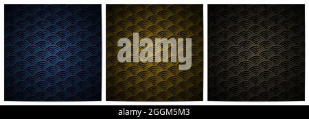 Set di cerchi giapponesi overlapping. Design tradizionale di lusso con sfondo scuro, blu, oro e nero Illustrazione Vettoriale