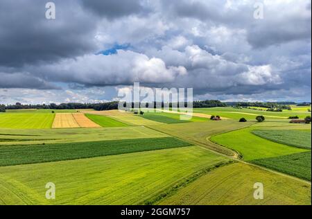 Campi verdi e prati, nei pressi di Andechs, Pfaffenwinkel, vista aerea, alta Baviera, Baviera, Germania, Europa Foto Stock