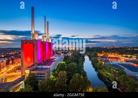 Skyline notturno di Hannover, Germania Foto Stock