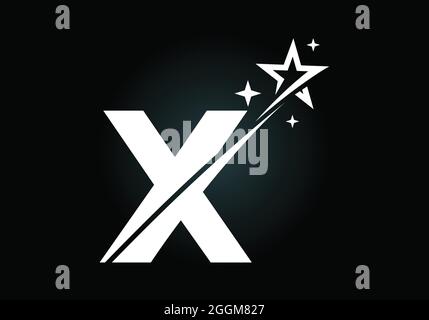 Lettera iniziale del monogramma X con l'icona di swoosh e logo a stella. Disegno astratto del simbolo del segno della stella. Moderno logo vettoriale per aziende e aziende Illustrazione Vettoriale