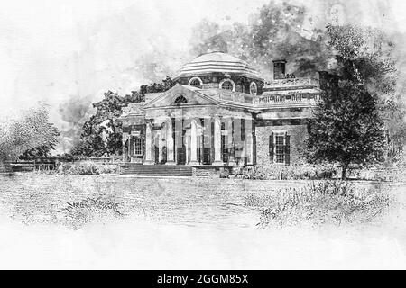Illustrazione dell'acquerello in scala di grigi del portico occidentale al Monticello di Thomas Jefferson in Virginia. Foto Stock