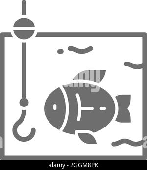 Pesca vettoriale, gancio con pesce subacqueo grigio icona. Simbolo e design dell'illustrazione dei simboli. Isolato su sfondo bianco Illustrazione Vettoriale