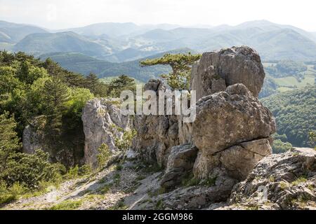 Vista da Peilstein a sud-ovest, zona escursionistica e arrampicata, boschi di Vienna, bassa Austria, Austria Foto Stock