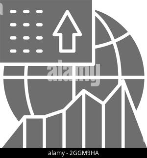 Crescita del mercato azionario globale, sviluppo economico mondiale icona grigia. Illustrazione Vettoriale