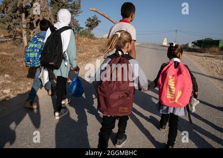 Dal 2004 i bambini del villaggio di Tuba stanno andando a scuola nel vicino villaggio di AT-Tuwani, 2.6 km di distanza - mentre sono stati condotti da un attivista ebraico e un veicolo delle forze di difesa israeliane per proteggerli dagli attacchi violenti da parte dei coloni ebrei religiosi dall'avamposto illegale di Maon Farm, che si trova sul loro cammino verso la scuola. Palestina / Israele, a sud di Hebron. 31 agosto 2021. (Foto di Matan Golan/Alamy Live News) Foto Stock