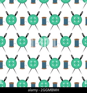 Modello con bottoni, aghi e una bobina di filo. Illustrazione vettoriale isolata su sfondo bianco. Illustrazione Vettoriale