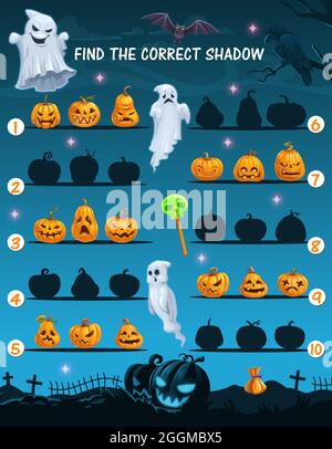 I bambini trovano l'ombra riddle con le lanterne di zucca di Halloween volti, fantasmi personaggi cartoon. Gioco logico bambino, puzzle educativo o quiz. Bambini che giocano Illustrazione Vettoriale