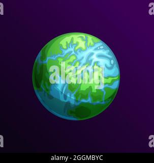 Pianeta ecologico con acque blu e terra verde sfera di cartoni animati isolati. Mondo comico abitabile vettoriale con natura viva, esplorare l'universo immaginario alie Illustrazione Vettoriale