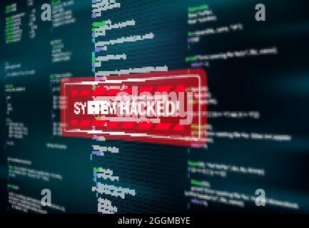 Sistema hacked, messaggio di avviso sullo schermo di attacco hacking, vettore. È stata rilevata una finestra di messaggio di avvertenza rossa di spyware o malware sul computer Illustrazione Vettoriale