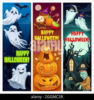 Happy Halloween cartoon banner vettoriali. Fantasmi nella strega in viola cappello che tiene spada, Jack-o-lanterna zucche e zombie spooky al canottino infestato Illustrazione Vettoriale