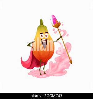 Papaya mago frutta mago con magic crook in cape isolato personaggio cartoon. Vettore sorridente emoticon fata stregone, bambini bambini asiatici pawpaw. Illustrazione Vettoriale