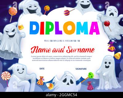 Kids diploma, cartone animato divertente Halloween fantasmi e dolci. Certificato vettoriale con simpatici spooks, biscotti e caramelle. Telaio premio scuola o asilo Illustrazione Vettoriale