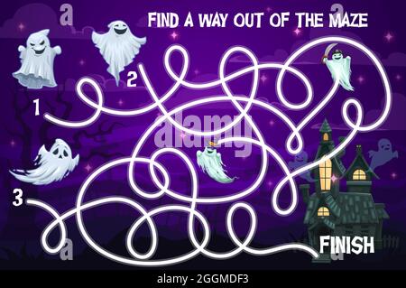 Halloween bambini labirinto gioco labirinto con fantasmi divertenti. Il puzzle vettoriale aiuta i personaggi spoky a trovare il modo di infestato castello di notte. Gioco da tavolo per bambini, t Illustrazione Vettoriale