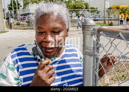 Miami Florida,Little Haiti,Black Senior Citizen donna femminile,smartphone cellulare controllo cercando di leggere messaggi di testo parlare Foto Stock