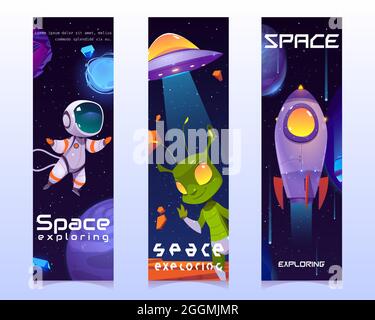 Spazio esplorando cartoni animati banner verticali, alieno simpatico amichevole, ufo piatter, astronauta, pianeti, razzo o navetta in galassia. Fantasy sfondi cosmici con oggetti Universe, illustrazione vettoriale, set Illustrazione Vettoriale