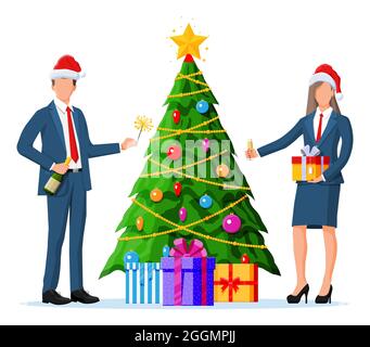 Uomini d'affari in cappelli di Natale in vacanza. Illustrazione Vettoriale