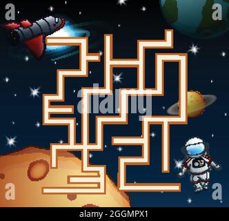 Labirinto di astronauti di gioco trovare il loro modo per la navicella spaziale Illustrazione Vettoriale