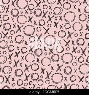TIC tac TOE gioco texture. Disegno a mano di forme trasversali senza giunture. Elementi neri su sfondo rosa Illustrazione Vettoriale