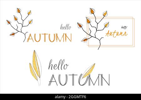 Banner autunnali Set Ciao Autunno, scarabocchiate, caratteri, elemento su sfondo bianco in isolamento, per il tuo design. Illustrazione vettoriale Illustrazione Vettoriale