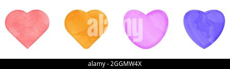 Set di coloratissimi cuori acquerelli disegnati da pennello. Illustrazione vettoriale isolata su sfondo bianco Illustrazione Vettoriale
