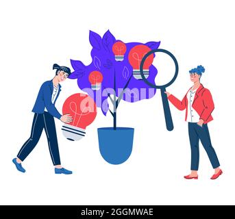 Uomini d'affari che cercano idea creativa innovativa di affari. Generazione di idee e brainstorming, ricerca di soluzioni per la crescita aziendale, cartoon flat v Illustrazione Vettoriale