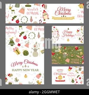Set di banner web con elementi di design di Natale in stile doodle. Carte di Natale. Vettore Illustrazione Vettoriale