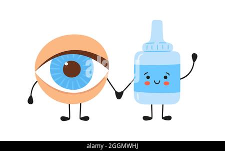 Kawaii occhio umano e gocce mediche personaggi. Medicina per la salute dell'occhio. Trattamento della congiuntivite e degli occhi secchi. Illustrazione vettoriale Illustrazione Vettoriale